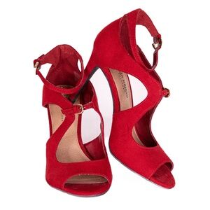 Christian Siriano Red Suede Peep Toe Stiletto Heels with Ankle Straps, Size 8.5